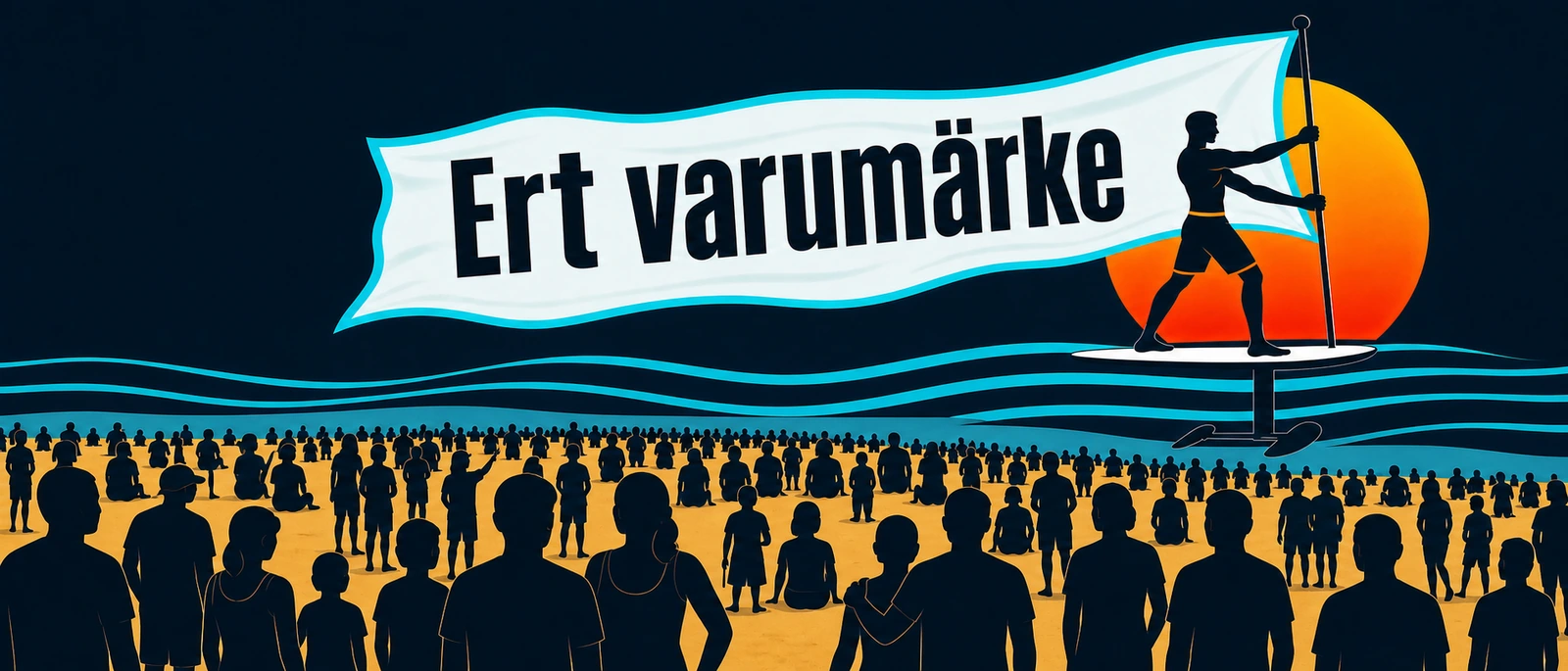 Illustration: eFoil-förare med stor reklamflagga för ert varumärke förbi strandpublik i Lomma